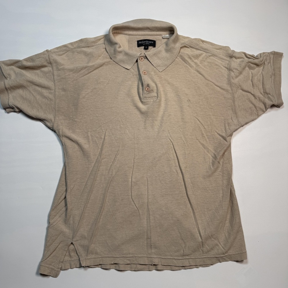 Yves Saint Laurent Polo Shirt Mens Large Beige Terry Pour Homme Logo Distressed